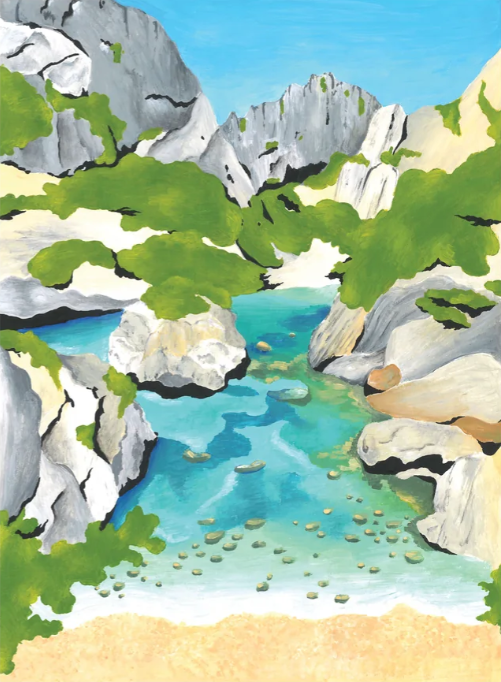Affiche illustrée d’une crique des calanques