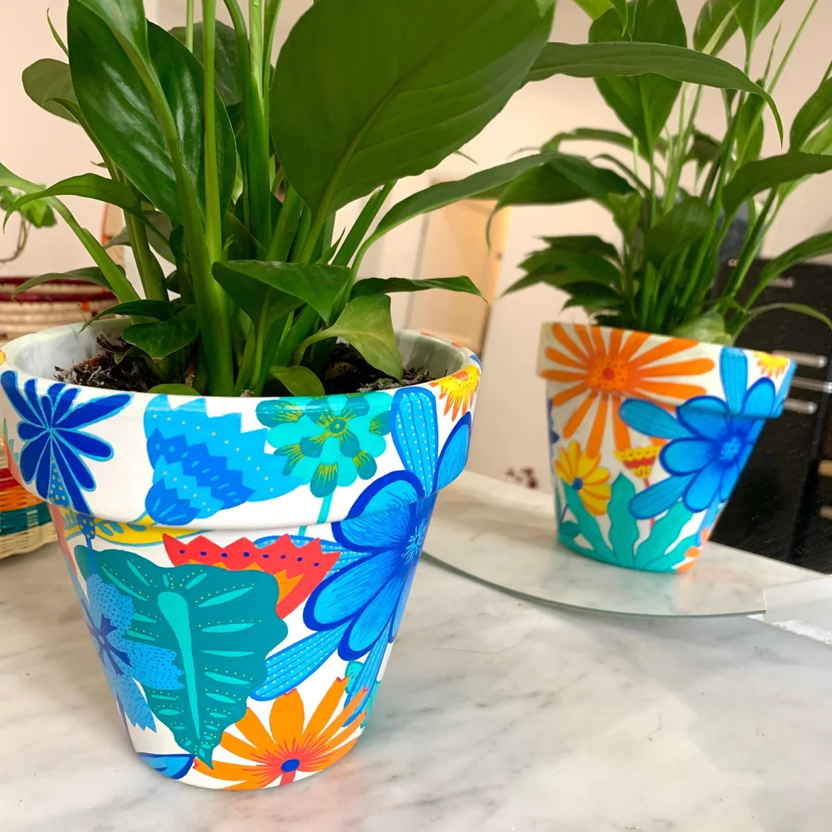 Pots fleuris bleus, turquoise et orange peints à la main